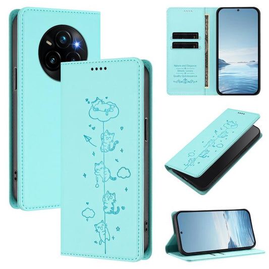 Cute Cats Embossed Magnetic RFID Vegan Leather Phone Case, For Realme 14 Pro+ 5G Global, For Realme GT7 Pro Racing / GT 7 Pro, For Realme C63 5G Global, For Realme 12 5G / 12x 5G Global, For Realme 13+ 5G Global, For Realme 13 4G / 12 4G Global