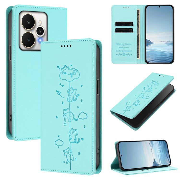 Cute Cats Embossed Magnetic RFID Vegan Leather Phone Case, For Realme P4x 5G, For Realme C71 4G India / Note 70 4G, For Realme C85 / 15x, For Realme C85 Pro, For Realme P4 Pro 5G, For Realme P4, For Realme 15T 5G Global, For Realme C63 / C61 4G Global ...