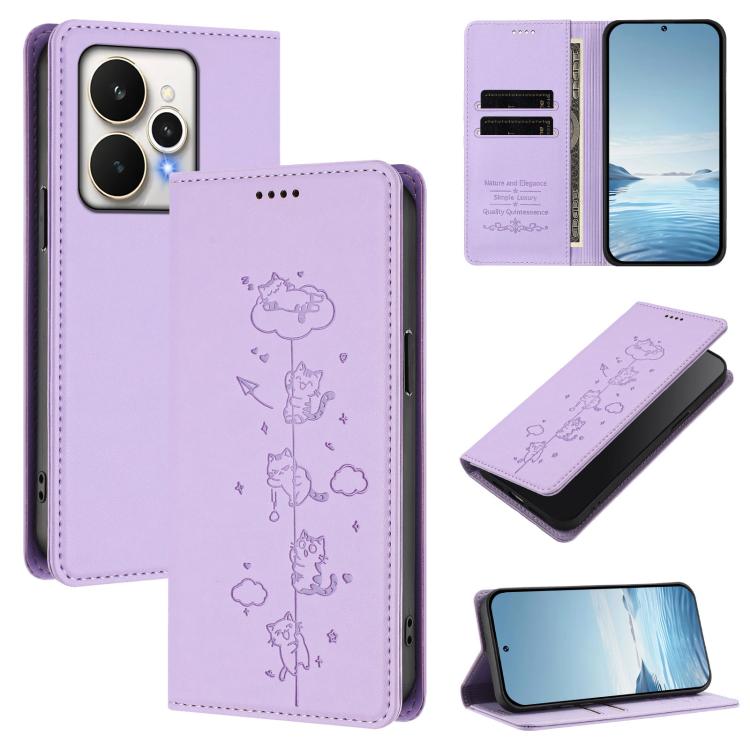 Cute Cats Embossed Magnetic RFID Vegan Leather Phone Case, For Realme P4x 5G, For Realme C71 4G India / Note 70 4G, For Realme C85 / 15x, For Realme C85 Pro, For Realme P4 Pro 5G, For Realme P4, For Realme 15T 5G Global, For Realme C63 / C61 4G Global ...