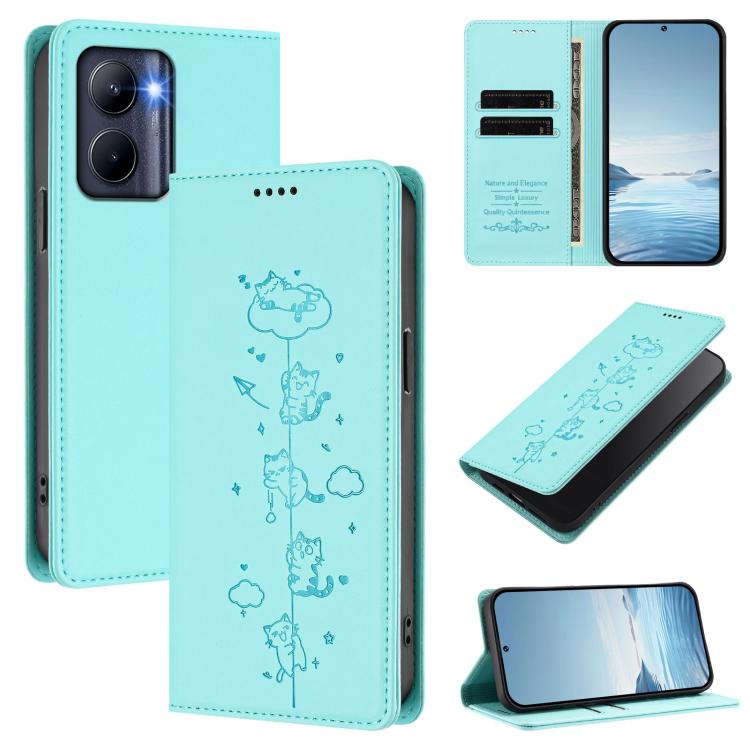 Cute Cats Embossed Magnetic RFID Vegan Leather Phone Case, For Realme 12 Pro 5G / 12 Pro+ 5G Global, For Realme C53 / C51 4G Global, For Realme 11 5G Global / C67 5G India, For Realme 11 4G Global, For Realme GT5 240W / GT5, For Realme Narzo 60 Pro Glo...