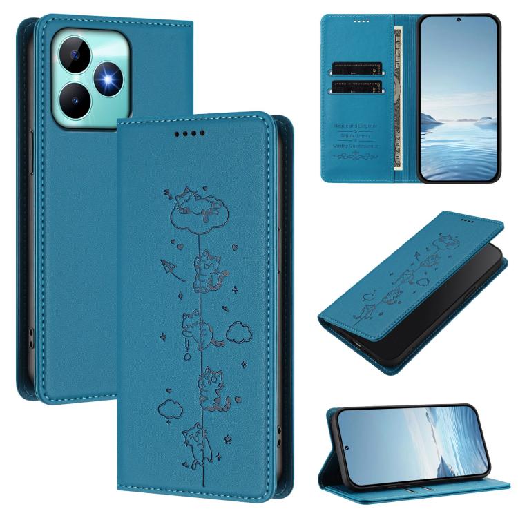 Cute Cats Embossed Magnetic RFID Vegan Leather Phone Case, For Realme 12 Pro 5G / 12 Pro+ 5G Global, For Realme C53 / C51 4G Global, For Realme 11 5G Global / C67 5G India, For Realme 11 4G Global, For Realme GT5 240W / GT5, For Realme Narzo 60 Pro Glo...