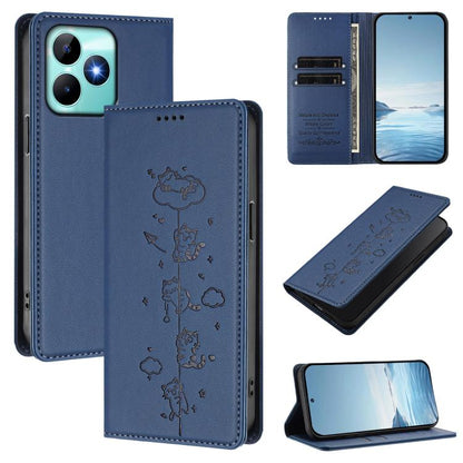 Cute Cats Embossed Magnetic RFID Vegan Leather Phone Case, For Realme 12 Pro 5G / 12 Pro+ 5G Global, For Realme C53 / C51 4G Global, For Realme 11 5G Global / C67 5G India, For Realme 11 4G Global, For Realme GT5 240W / GT5, For Realme Narzo 60 Pro Glo...