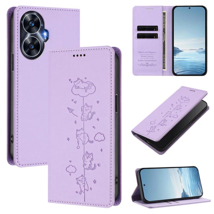 Cute Cats Embossed Magnetic RFID Vegan Leather Phone Case, For Realme 12 Pro 5G / 12 Pro+ 5G Global, For Realme C53 / C51 4G Global, For Realme 11 5G Global / C67 5G India, For Realme 11 4G Global, For Realme GT5 240W / GT5, For Realme Narzo 60 Pro Glo...