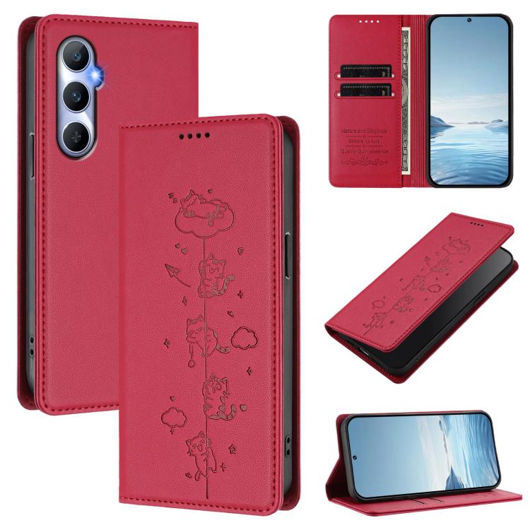 Cute Cats Embossed Magnetic RFID Vegan Leather Phone Case, For Realme 12 Pro 5G / 12 Pro+ 5G Global, For Realme C53 / C51 4G Global, For Realme 11 5G Global / C67 5G India, For Realme 11 4G Global, For Realme GT5 240W / GT5, For Realme Narzo 60 Pro Glo...