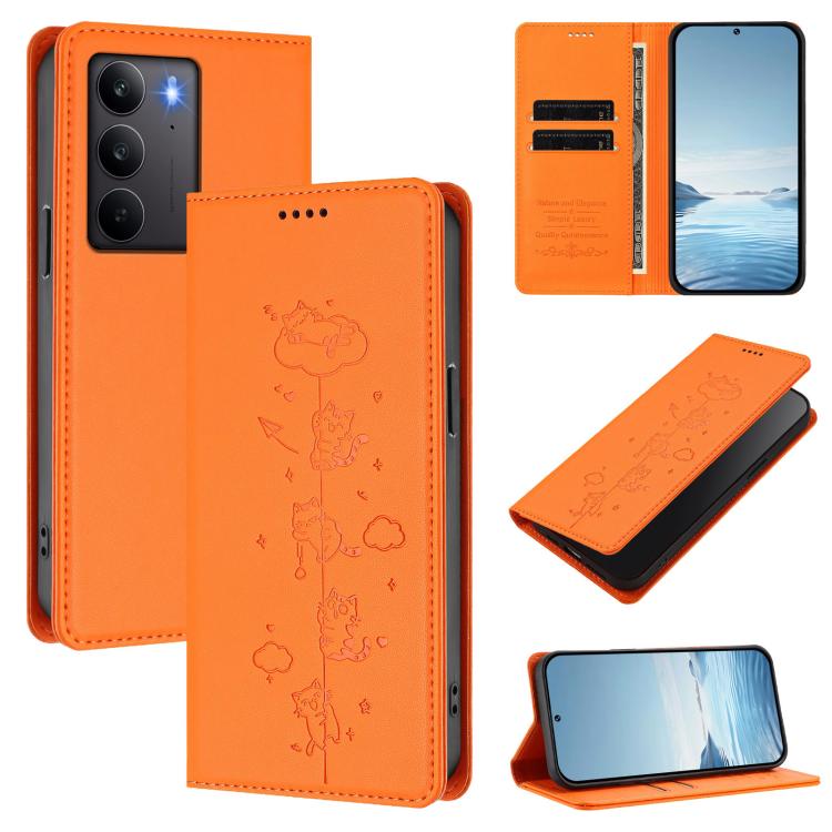 Cute Cats Embossed Magnetic RFID Vegan Leather Phone Case, For Realme C71 4G, For Realme GT 7 Global, For Realme 14x / C75 5G / V70, For Realme Narzo 80 Pro / 14 Pro 5G India, For Realme C75 4G Global / 14x 5G India, For Realme Narzo 80X               ...