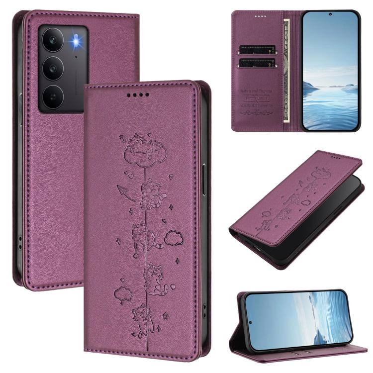Cute Cats Embossed Magnetic RFID Vegan Leather Phone Case, For Realme C71 4G, For Realme GT 7 Global, For Realme 14x / C75 5G / V70, For Realme Narzo 80 Pro / 14 Pro 5G India, For Realme C75 4G Global / 14x 5G India, For Realme Narzo 80X               ...