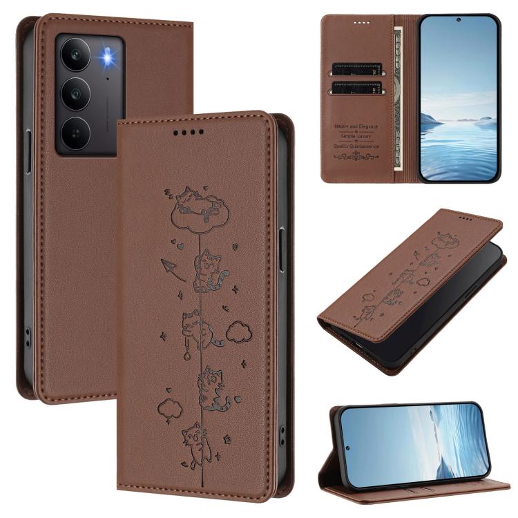 Cute Cats Embossed Magnetic RFID Vegan Leather Phone Case, For Realme C71 4G, For Realme GT 7 Global, For Realme 14x / C75 5G / V70, For Realme Narzo 80 Pro / 14 Pro 5G India, For Realme C75 4G Global / 14x 5G India, For Realme Narzo 80X               ...