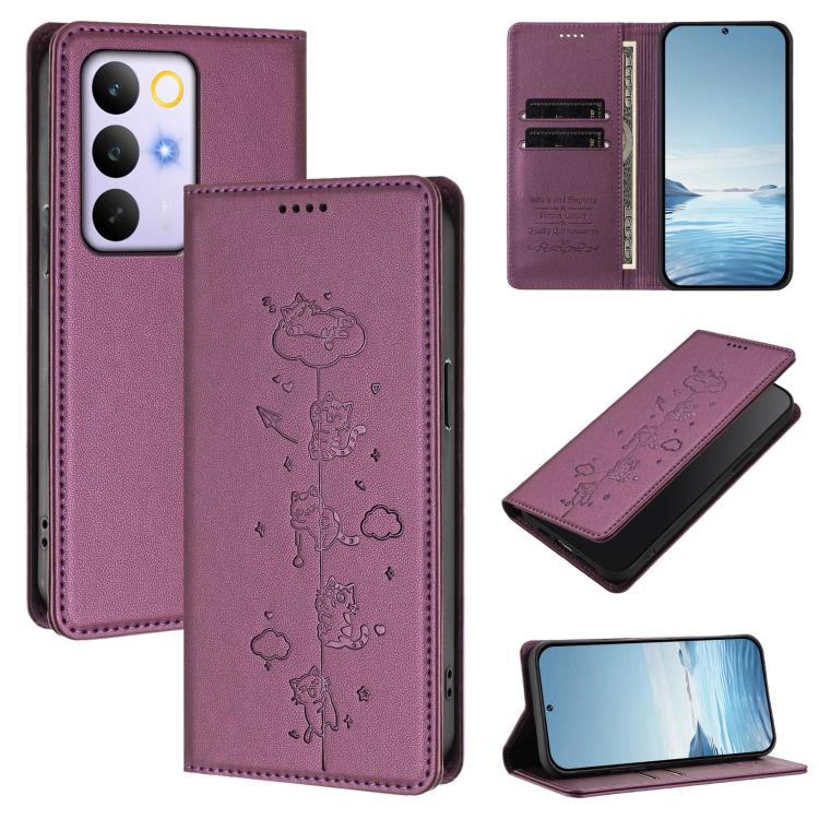 Cute Cats Embossed Magnetic RFID Vegan Leather Phone Case, For Realme P4x 5G, For Realme C71 4G India / Note 70 4G, For Realme C85 / 15x, For Realme C85 Pro, For Realme P4 Pro 5G, For Realme P4, For Realme 15T 5G Global, For Realme C63 / C61 4G Global ...