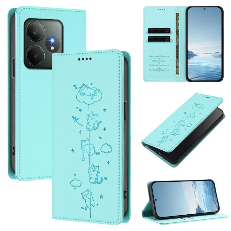 Cute Cats Embossed Magnetic RFID Vegan Leather Phone Case, For Realme 14 Pro+ 5G Global, For Realme GT7 Pro Racing / GT 7 Pro, For Realme C63 5G Global, For Realme 12 5G / 12x 5G Global, For Realme 13+ 5G Global, For Realme 13 4G / 12 4G Global        ...