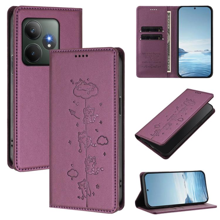 Cute Cats Embossed Magnetic RFID Vegan Leather Phone Case, For Realme 14 Pro+ 5G Global, For Realme GT7 Pro Racing / GT 7 Pro, For Realme C63 5G Global, For Realme 12 5G / 12x 5G Global, For Realme 13+ 5G Global, For Realme 13 4G / 12 4G Global        ...