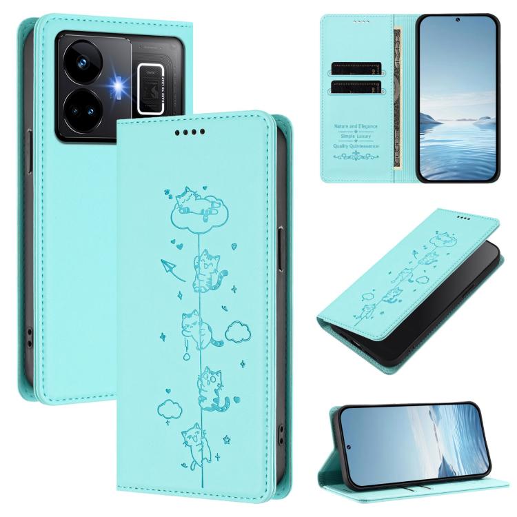 Cute Cats Embossed Magnetic RFID Vegan Leather Phone Case, For Realme 10T 5G / 10s 5G, For Realme GT3