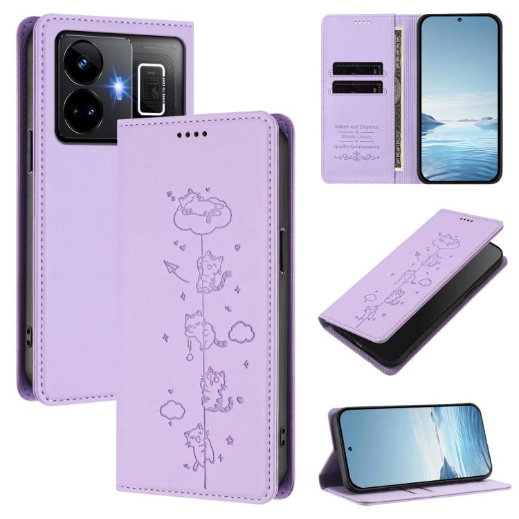 Cute Cats Embossed Magnetic RFID Vegan Leather Phone Case, For Realme 10T 5G / 10s 5G, For Realme GT3