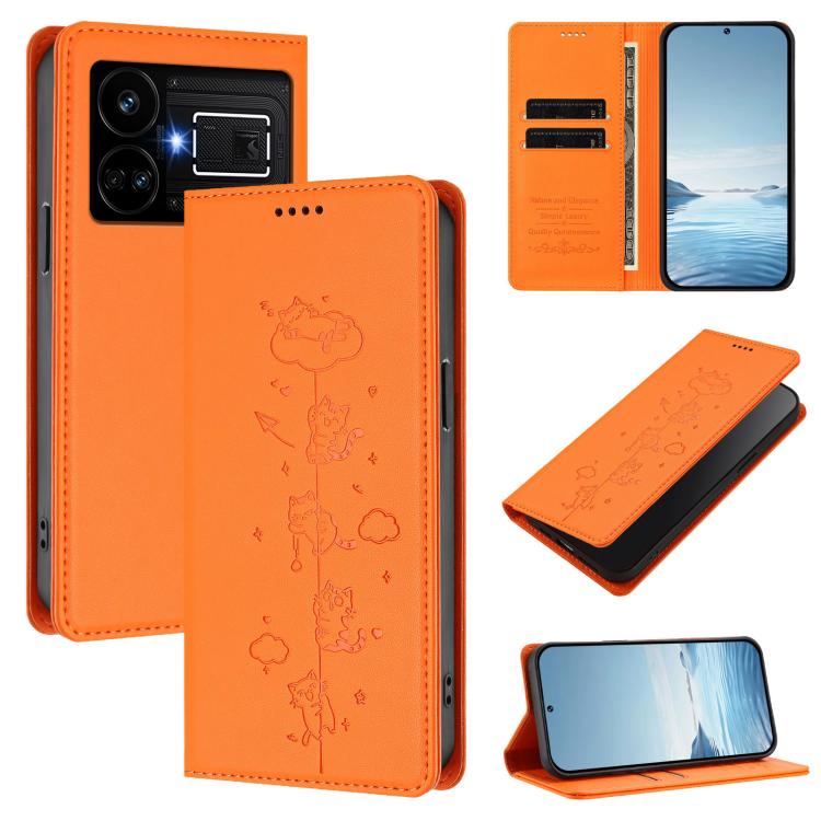 Cute Cats Embossed Magnetic RFID Vegan Leather Phone Case, For Realme 12 Pro 5G / 12 Pro+ 5G Global, For Realme C53 / C51 4G Global, For Realme 11 5G Global / C67 5G India, For Realme 11 4G Global, For Realme GT5 240W / GT5, For Realme Narzo 60 Pro Glo...