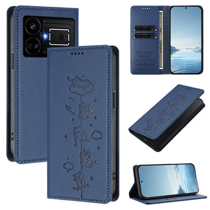 Cute Cats Embossed Magnetic RFID Vegan Leather Phone Case, For Realme 12 Pro 5G / 12 Pro+ 5G Global, For Realme C53 / C51 4G Global, For Realme 11 5G Global / C67 5G India, For Realme 11 4G Global, For Realme GT5 240W / GT5, For Realme Narzo 60 Pro Glo...