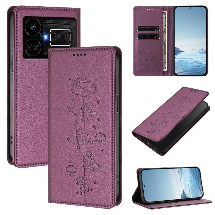 Cute Cats Embossed Magnetic RFID Vegan Leather Phone Case, For Realme 12 Pro 5G / 12 Pro+ 5G Global, For Realme C53 / C51 4G Global, For Realme 11 5G Global / C67 5G India, For Realme 11 4G Global, For Realme GT5 240W / GT5, For Realme Narzo 60 Pro Glo...