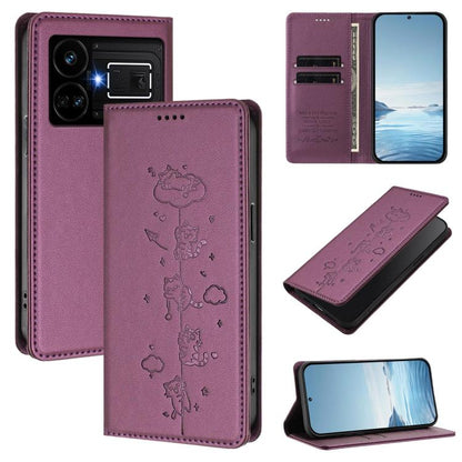 Cute Cats Embossed Magnetic RFID Vegan Leather Phone Case, For Realme 12 Pro 5G / 12 Pro+ 5G Global, For Realme C53 / C51 4G Global, For Realme 11 5G Global / C67 5G India, For Realme 11 4G Global, For Realme GT5 240W / GT5, For Realme Narzo 60 Pro Glo...