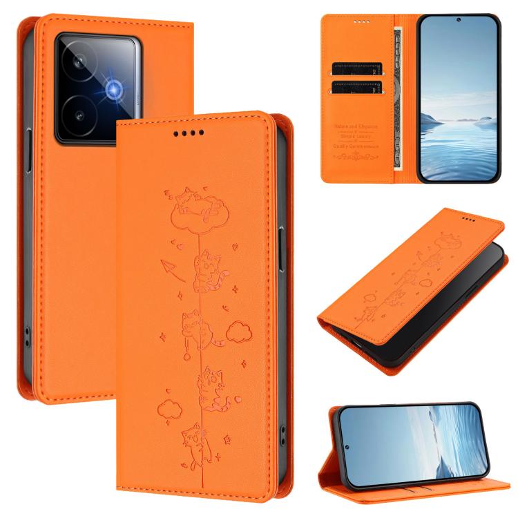 Cute Cats Embossed Magnetic RFID Vegan Leather Phone Case, For Realme C71 4G, For Realme GT 7 Global, For Realme 14x / C75 5G / V70, For Realme Narzo 80 Pro / 14 Pro 5G India, For Realme C75 4G Global / 14x 5G India, For Realme Narzo 80X               ...