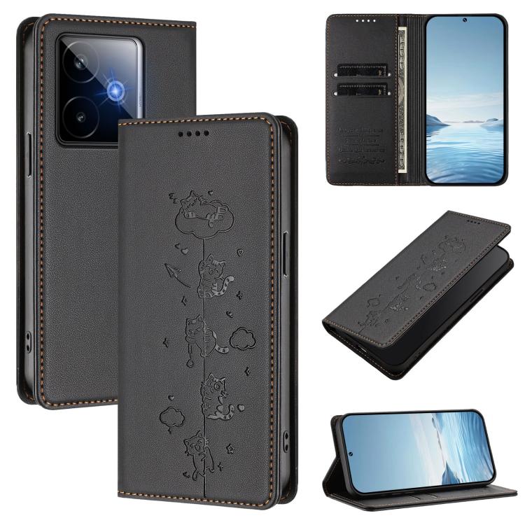 Cute Cats Embossed Magnetic RFID Vegan Leather Phone Case, For Realme C71 4G, For Realme GT 7 Global, For Realme 14x / C75 5G / V70, For Realme Narzo 80 Pro / 14 Pro 5G India, For Realme C75 4G Global / 14x 5G India, For Realme Narzo 80X               ...