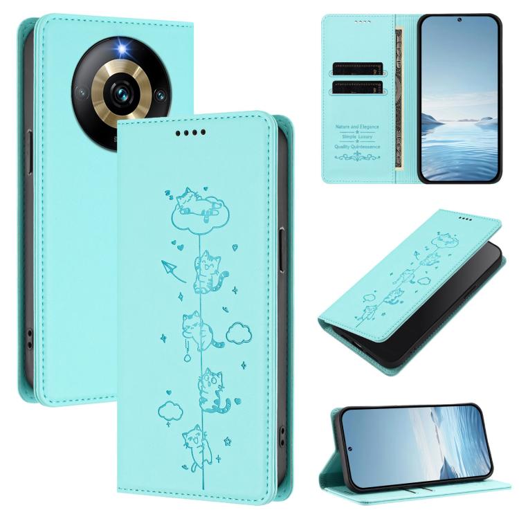 Cute Cats Embossed Magnetic RFID Vegan Leather Phone Case, For Realme 12 Pro 5G / 12 Pro+ 5G Global, For Realme C53 / C51 4G Global, For Realme 11 5G Global / C67 5G India, For Realme 11 4G Global, For Realme GT5 240W / GT5, For Realme Narzo 60 Pro Glo...