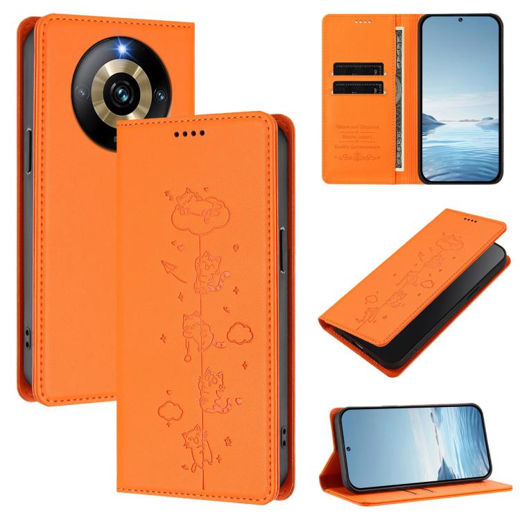 Cute Cats Embossed Magnetic RFID Vegan Leather Phone Case, For Realme 12 Pro 5G / 12 Pro+ 5G Global, For Realme C53 / C51 4G Global, For Realme 11 5G Global / C67 5G India, For Realme 11 4G Global, For Realme GT5 240W / GT5, For Realme Narzo 60 Pro Glo...