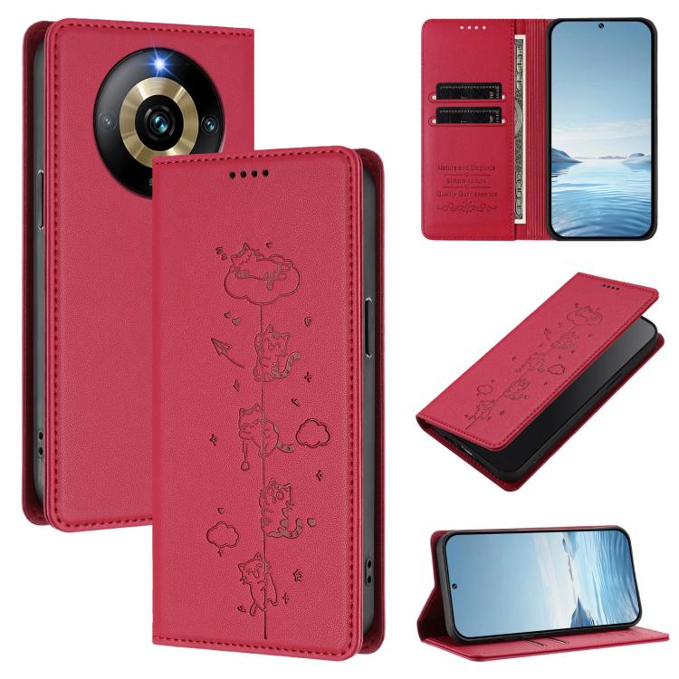 Cute Cats Embossed Magnetic RFID Vegan Leather Phone Case, For Realme 12 Pro 5G / 12 Pro+ 5G Global, For Realme C53 / C51 4G Global, For Realme 11 5G Global / C67 5G India, For Realme 11 4G Global, For Realme GT5 240W / GT5, For Realme Narzo 60 Pro Glo...