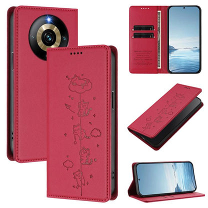 Cute Cats Embossed Magnetic RFID Vegan Leather Phone Case, For Realme 12 Pro 5G / 12 Pro+ 5G Global, For Realme C53 / C51 4G Global, For Realme 11 5G Global / C67 5G India, For Realme 11 4G Global, For Realme GT5 240W / GT5, For Realme Narzo 60 Pro Glo...