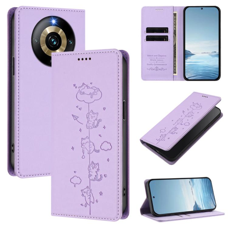 Cute Cats Embossed Magnetic RFID Vegan Leather Phone Case, For Realme 12 Pro 5G / 12 Pro+ 5G Global, For Realme C53 / C51 4G Global, For Realme 11 5G Global / C67 5G India, For Realme 11 4G Global, For Realme GT5 240W / GT5, For Realme Narzo 60 Pro Glo...