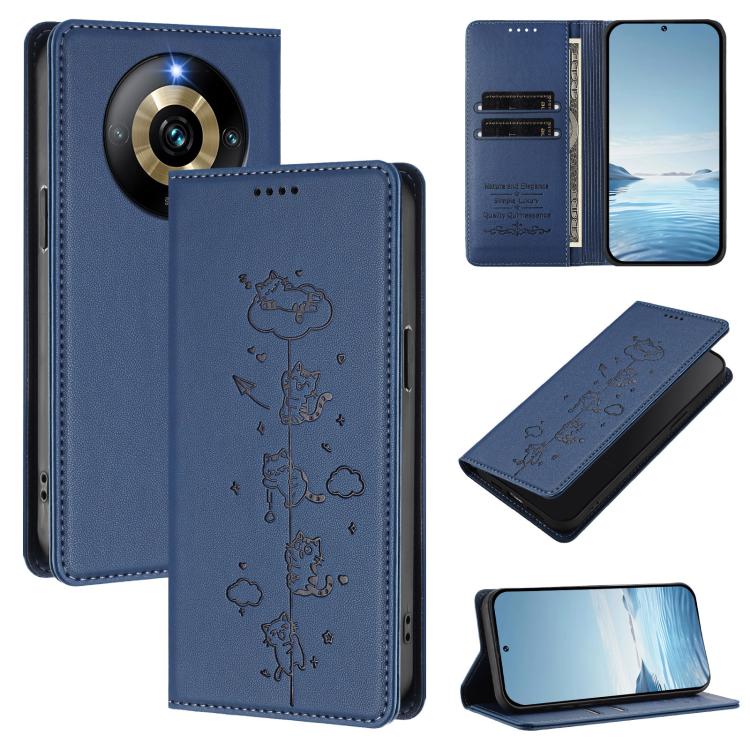 Cute Cats Embossed Magnetic RFID Vegan Leather Phone Case, For Realme 12 Pro 5G / 12 Pro+ 5G Global, For Realme C53 / C51 4G Global, For Realme 11 5G Global / C67 5G India, For Realme 11 4G Global, For Realme GT5 240W / GT5, For Realme Narzo 60 Pro Glo...