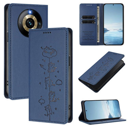Cute Cats Embossed Magnetic RFID Vegan Leather Phone Case, For Realme 12 Pro 5G / 12 Pro+ 5G Global, For Realme C53 / C51 4G Global, For Realme 11 5G Global / C67 5G India, For Realme 11 4G Global, For Realme GT5 240W / GT5, For Realme Narzo 60 Pro Glo...