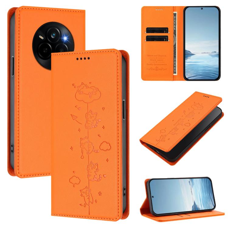 Cute Cats Embossed Magnetic RFID Vegan Leather Phone Case, For Realme C71 4G, For Realme GT 7 Global, For Realme 14x / C75 5G / V70, For Realme Narzo 80 Pro / 14 Pro 5G India, For Realme C75 4G Global / 14x 5G India, For Realme Narzo 80X               ...