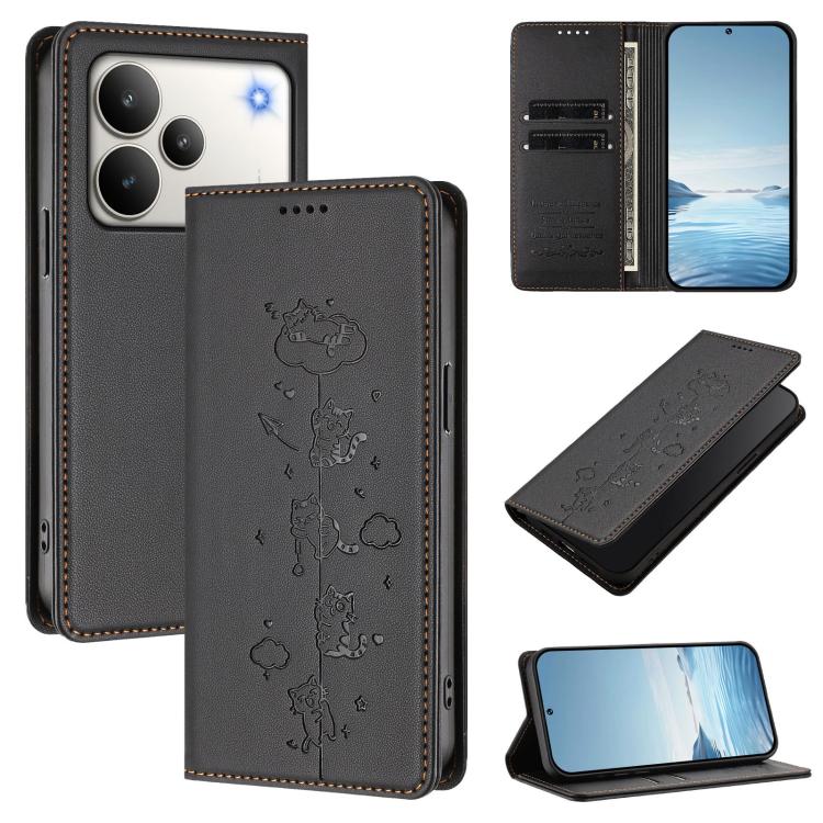 Cute Cats Embossed Magnetic RFID Vegan Leather Phone Case, For Realme P4x 5G, For Realme C71 4G India / Note 70 4G, For Realme C85 / 15x, For Realme C85 Pro, For Realme P4 Pro 5G, For Realme P4, For Realme 15T 5G Global, For Realme C63 / C61 4G Global ...