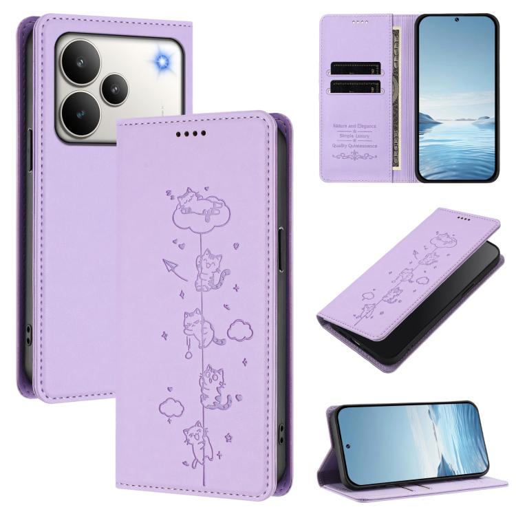Cute Cats Embossed Magnetic RFID Vegan Leather Phone Case, For Realme P4x 5G, For Realme C71 4G India / Note 70 4G, For Realme C85 / 15x, For Realme C85 Pro, For Realme P4 Pro 5G, For Realme P4, For Realme 15T 5G Global, For Realme C63 / C61 4G Global ...