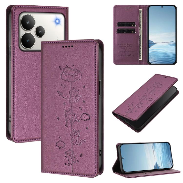 Cute Cats Embossed Magnetic RFID Vegan Leather Phone Case, For Realme P4x 5G, For Realme C71 4G India / Note 70 4G, For Realme C85 / 15x, For Realme C85 Pro, For Realme P4 Pro 5G, For Realme P4, For Realme 15T 5G Global, For Realme C63 / C61 4G Global ...