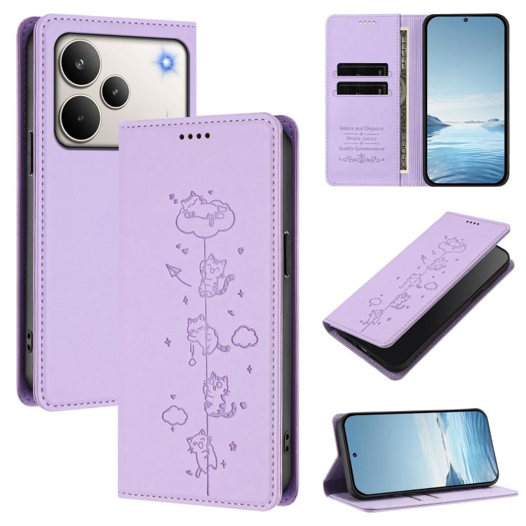 Cute Cats Embossed Magnetic RFID Vegan Leather Phone Case, For Realme P4x 5G, For Realme C71 4G India / Note 70 4G, For Realme C85 / 15x, For Realme C85 Pro, For Realme P4 Pro 5G, For Realme P4, For Realme 15T 5G Global, For Realme C63 / C61 4G Global ...
