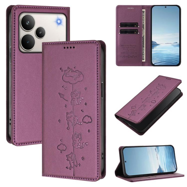 Cute Cats Embossed Magnetic RFID Vegan Leather Phone Case, For Realme P4x 5G, For Realme C71 4G India / Note 70 4G, For Realme C85 / 15x, For Realme C85 Pro, For Realme P4 Pro 5G, For Realme P4, For Realme 15T 5G Global, For Realme C63 / C61 4G Global ...