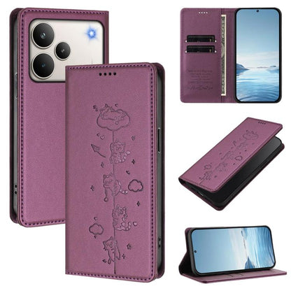Cute Cats Embossed Magnetic RFID Vegan Leather Phone Case, For Realme P4x 5G, For Realme C71 4G India / Note 70 4G, For Realme C85 / 15x, For Realme C85 Pro, For Realme P4 Pro 5G, For Realme P4, For Realme 15T 5G Global, For Realme C63 / C61 4G Global ...