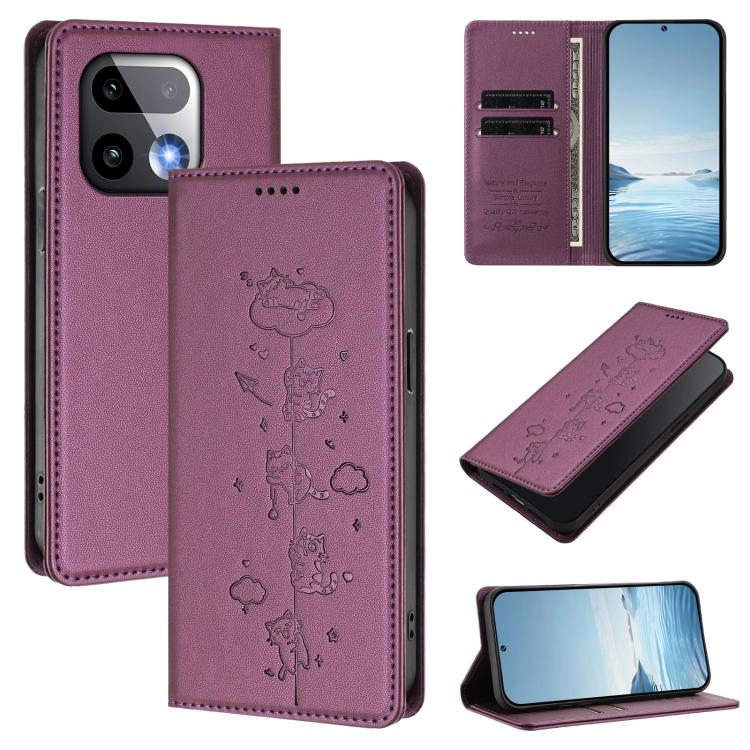 Cute Cats Embossed Magnetic RFID Vegan Leather Phone Case, For Realme 16T 5G, For Realme C100 5G / C85 4G / 5G / C83 5G, For Realme P4 Power 5G, For Realme Note 80 4G, For Realme C83 5G / C85 5G / 15x 5G India, For Realme 16 5G, For Realme 16 Pro+ 5G  ...