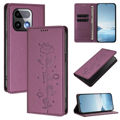 Cute Cats Embossed Magnetic RFID Vegan Leather Phone Case, For Realme 16T 5G, For Realme C100 5G / C85 4G / 5G / C83 5G, For Realme P4 Power 5G, For Realme Note 80 4G, For Realme C83 5G / C85 5G / 15x 5G India, For Realme 16 5G, For Realme 16 Pro+ 5G  ...