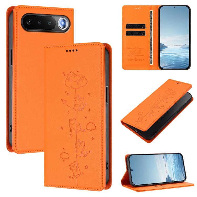 Cute Cats Embossed Magnetic RFID Vegan Leather Phone Case, For Realme 16T 5G, For Realme C100 5G / C85 4G / 5G / C83 5G, For Realme P4 Power 5G, For Realme Note 80 4G, For Realme C83 5G / C85 5G / 15x 5G India, For Realme 16 5G, For Realme 16 Pro+ 5G  ...