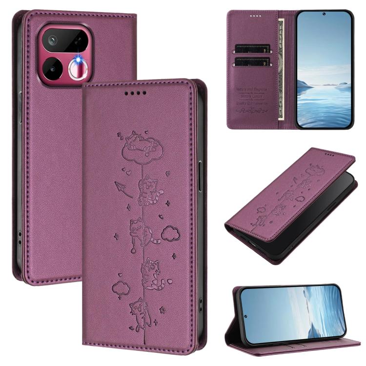 Cute Cats Embossed Magnetic RFID Vegan Leather Phone Case, For Realme 16T 5G, For Realme C100 5G / C85 4G / 5G / C83 5G, For Realme P4 Power 5G, For Realme Note 80 4G, For Realme C83 5G / C85 5G / 15x 5G India, For Realme 16 5G, For Realme 16 Pro+ 5G  ...