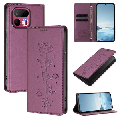 Cute Cats Embossed Magnetic RFID Vegan Leather Phone Case, For Realme 16T 5G, For Realme C100 5G / C85 4G / 5G / C83 5G, For Realme P4 Power 5G, For Realme Note 80 4G, For Realme C83 5G / C85 5G / 15x 5G India, For Realme 16 5G, For Realme 16 Pro+ 5G  ...