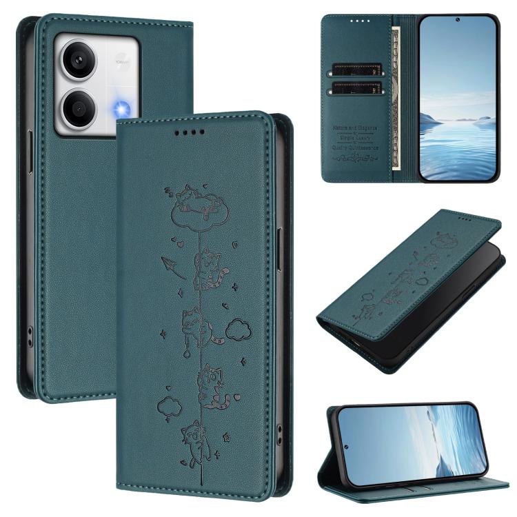 Cute Cats Embossed Magnetic RFID Vegan Leather Phone Case, For Redmi Note 14 5G / Xiaomi Poco M7 Pro 5G, For Redmi K70 Ultra, For Redmi A3 / A3x / Xiaomi Poco C61, For Redmi 13C 4G / 5G / Poco C65, For Redmi Note 13 4G                                  ...