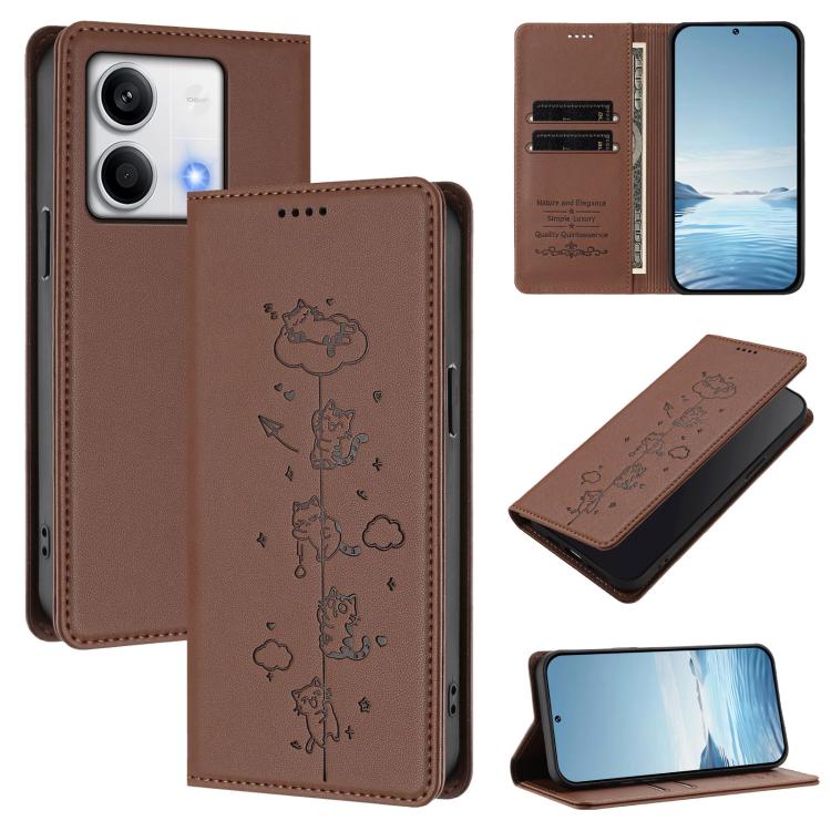 Cute Cats Embossed Magnetic RFID Vegan Leather Phone Case, For Redmi Note 14 5G / Xiaomi Poco M7 Pro 5G, For Redmi K70 Ultra, For Redmi A3 / A3x / Xiaomi Poco C61, For Redmi 13C 4G / 5G / Poco C65, For Redmi Note 13 4G                                  ...