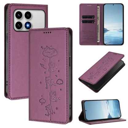 Cute Cats Embossed Magnetic RFID Vegan Leather Phone Case, For Redmi K90 Max 5G, For Redmi A7 Pro 4G / 5G 171mm / Poco C85x 5G, For Redmi 15a 5G, For Redmi Turbo 5 Max 5G / Poco X8 Pro Max 5G, For Redmi Turbo 5 5G / Poco X8 Pro 5G                      ...