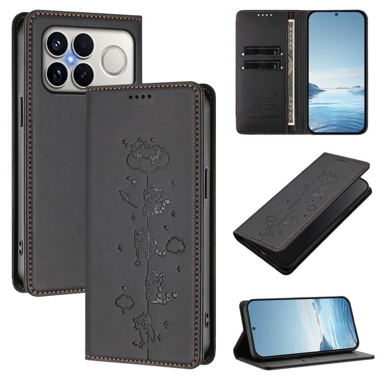 Cute Cats Embossed Magnetic RFID Vegan Leather Phone Case, For Redmi K90 Max 5G, For Redmi A7 Pro 4G / 5G 171mm / Poco C85x 5G, For Redmi 15a 5G, For Redmi Turbo 5 Max 5G / Poco X8 Pro Max 5G, For Redmi Turbo 5 5G / Poco X8 Pro 5G                      ...
