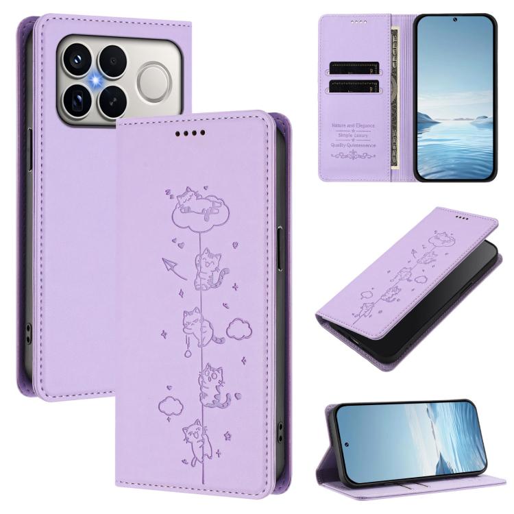Cute Cats Embossed Magnetic RFID Vegan Leather Phone Case, For Redmi K90 Max 5G, For Redmi A7 Pro 4G / 5G 171mm / Poco C85x 5G, For Redmi 15a 5G, For Redmi Turbo 5 Max 5G / Poco X8 Pro Max 5G, For Redmi Turbo 5 5G / Poco X8 Pro 5G                      ...