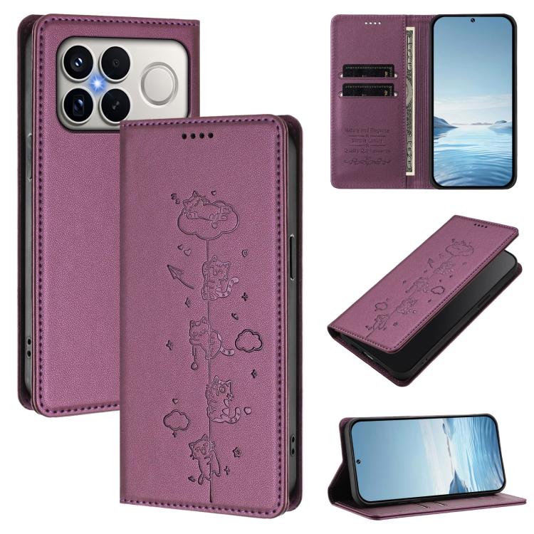 Cute Cats Embossed Magnetic RFID Vegan Leather Phone Case, For Redmi K90 Max 5G, For Redmi A7 Pro 4G / 5G 171mm / Poco C85x 5G, For Redmi 15a 5G, For Redmi Turbo 5 Max 5G / Poco X8 Pro Max 5G, For Redmi Turbo 5 5G / Poco X8 Pro 5G                      ...