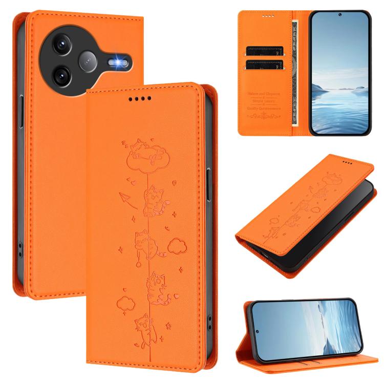 Cute Cats Embossed Magnetic RFID Vegan Leather Phone Case, For Redmi 15 5G / 4G EU 171mm, For Redmi 15C 5G / 4G Global 171mm / Poco C85 4G, For Redmi 13 4G / 5G / 13x / Poco M6 4G, For Redmi A5 4G 173.3mm, For Redmi A5 4G 171.7mm / Xiaomi Poco C71     ...