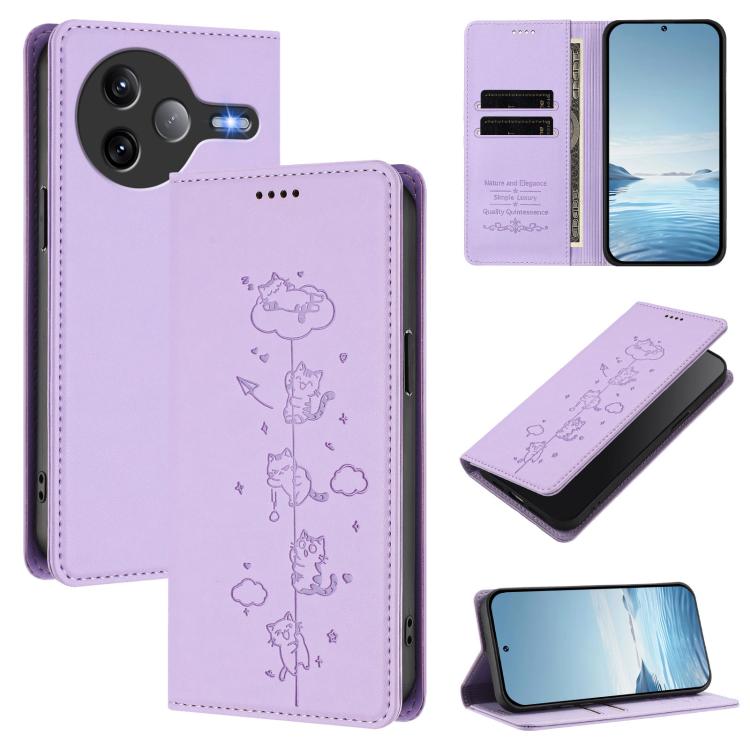Cute Cats Embossed Magnetic RFID Vegan Leather Phone Case, For Redmi 15 5G / 4G EU 171mm, For Redmi 15C 5G / 4G Global 171mm / Poco C85 4G, For Redmi 13 4G / 5G / 13x / Poco M6 4G, For Redmi A5 4G 173.3mm, For Redmi A5 4G 171.7mm / Xiaomi Poco C71     ...