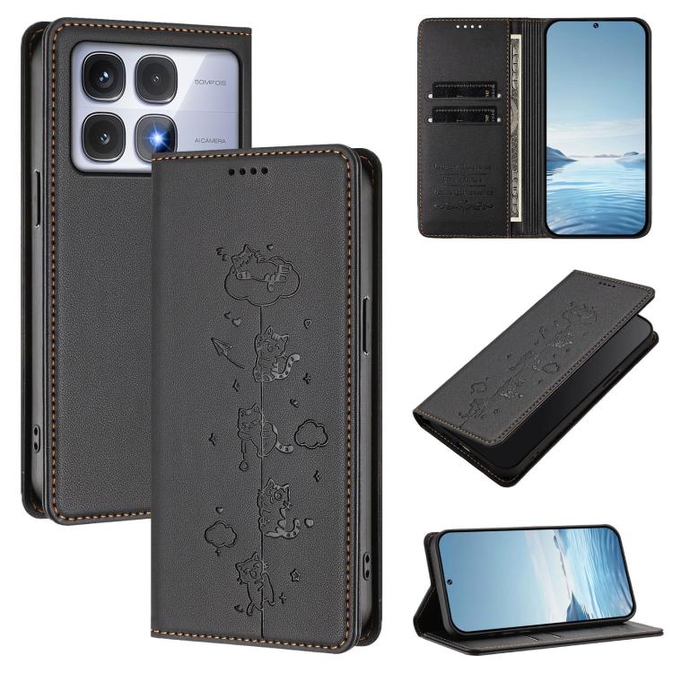 Cute Cats Embossed Magnetic RFID Vegan Leather Phone Case, For Redmi Note 14 5G / Xiaomi Poco M7 Pro 5G, For Redmi K70 Ultra, For Redmi A3 / A3x / Xiaomi Poco C61, For Redmi 13C 4G / 5G / Poco C65, For Redmi Note 13 4G                                  ...